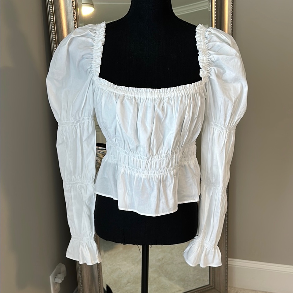 White Smocked Peplum Blouse with Puff Sleeves
